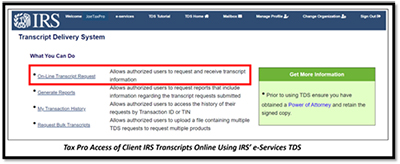 Tax pro access of client IRS transcripts online using IRS's e-Services